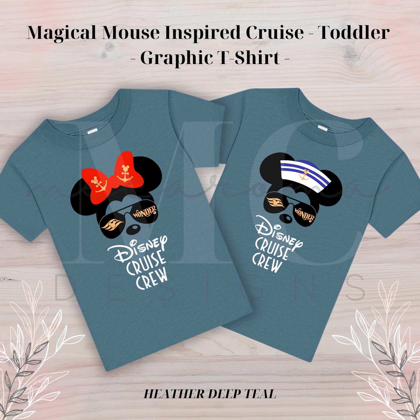 Heather deep teal toddler t-shirts featuring a Magical Mouse cruise design with sunglasses reading "Wonder," one shirt with a red bow and the other with a sailor hat, and the text "Disney Cruise Crew" below the graphic.