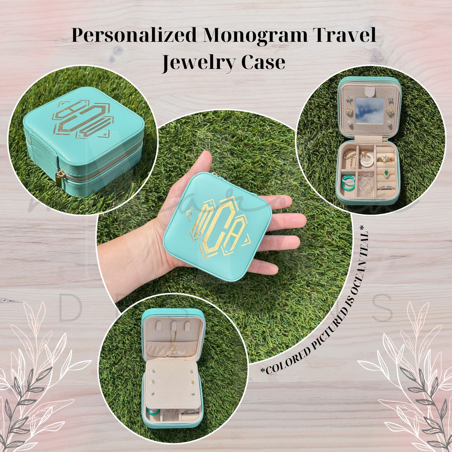 Personalized monogram travel jewelry case in ocean teal with gold initials, shown closed and open with various jewelry, and displayed on grass.