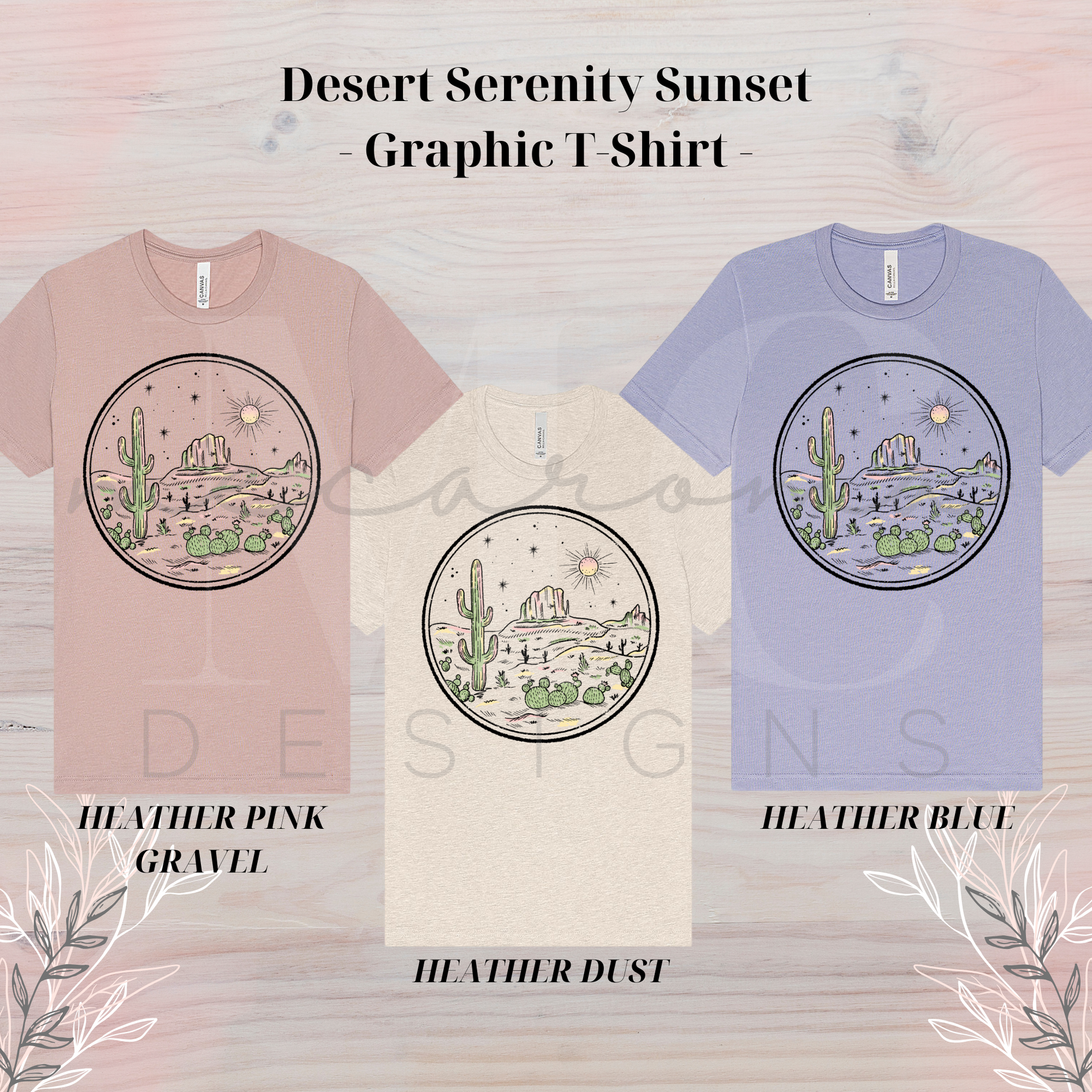 Three graphic t-shirts in heather pink gravel, heather dust, and heather blue, each featuring a circular desert sunset scene with cacti, mountains, and sun.