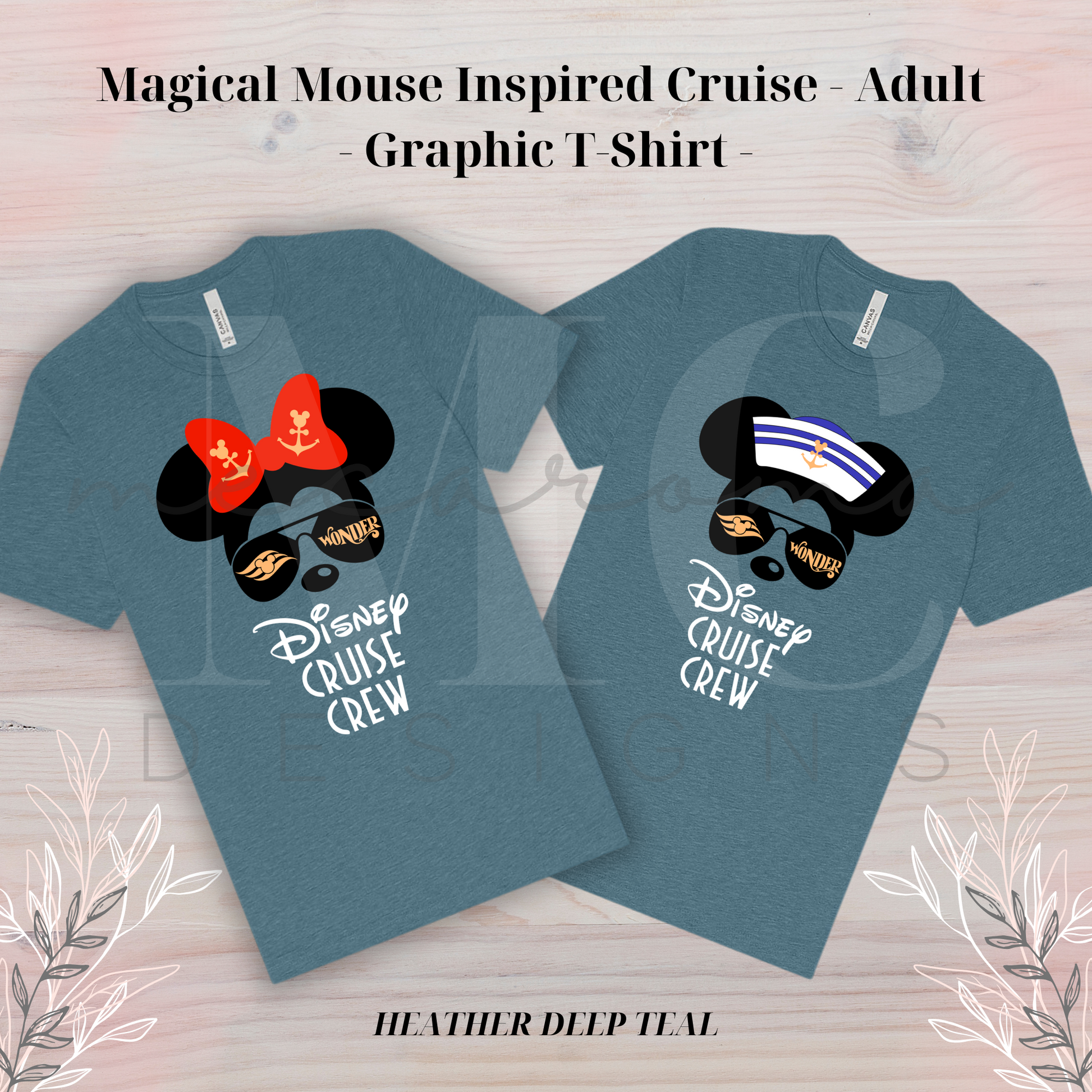 Heather Deep Teal adult t-shirts featuring a Magical Mouse cruise design with sunglasses reading "Wonder," one shirt with a red bow and the other with a sailor hat, and the text "Disney Cruise Crew" below the graphic.