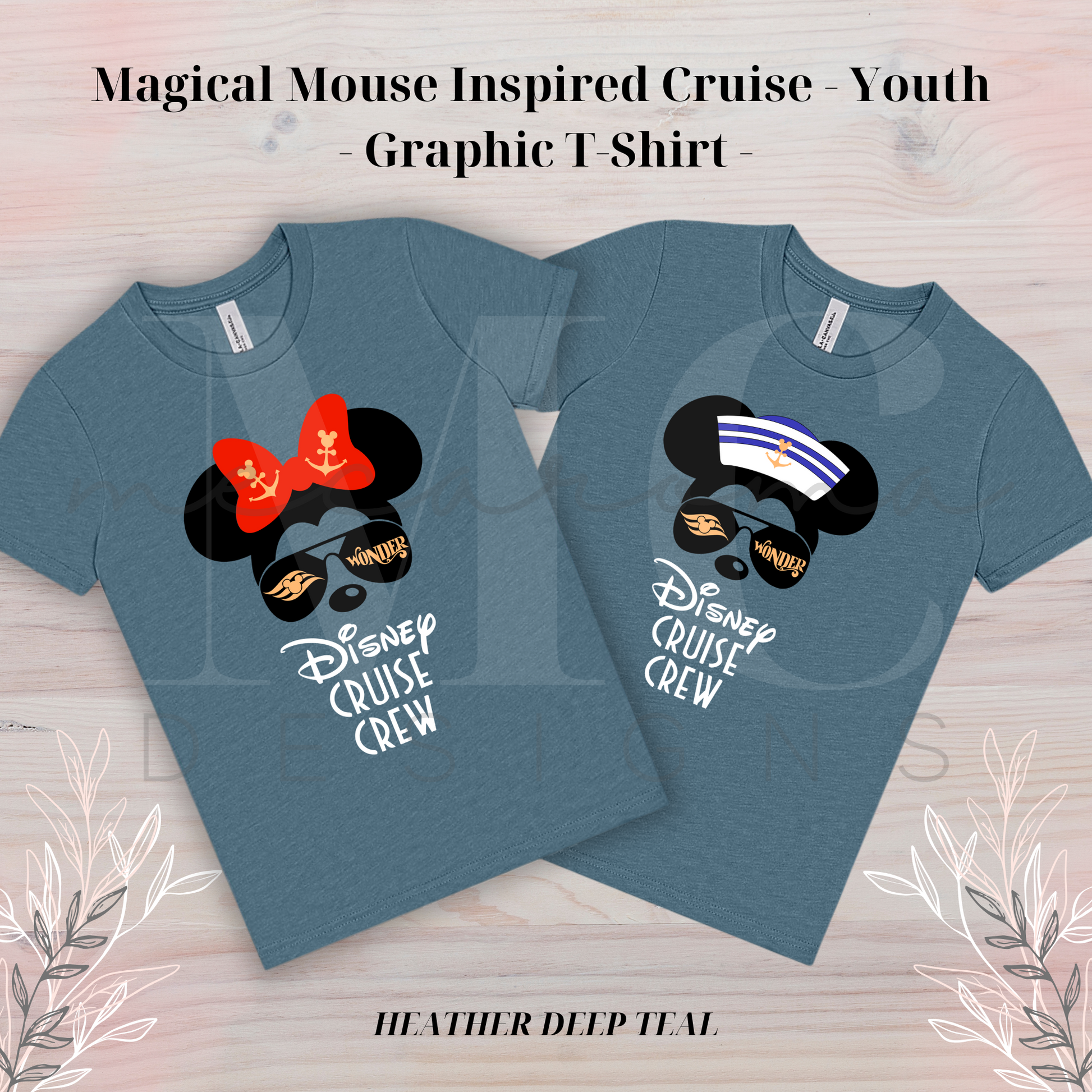 Heather dust youth t-shirts featuring a Magical Mouse cruise design with sunglasses reading "Wonder," one shirt with a red bow and the other with a sailor hat, and the text "Disney Cruise Crew" below the graphic.