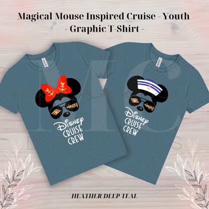Heather dust youth t-shirts featuring a Magical Mouse cruise design with sunglasses reading "Wonder," one shirt with a red bow and the other with a sailor hat, and the text "Disney Cruise Crew" below the graphic.