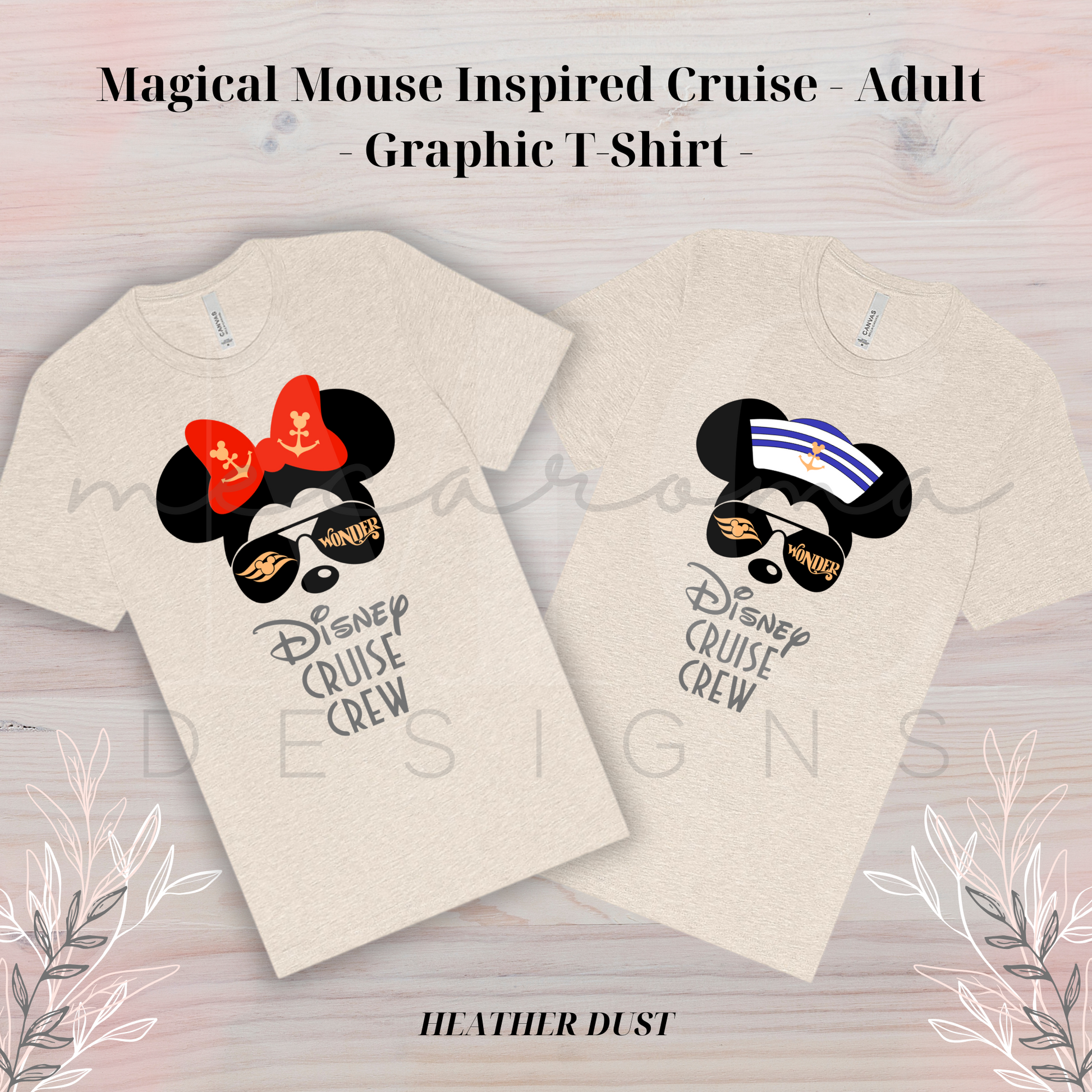 Heather dust toddler t-shirts featuring a Magical Mouse cruise design with sunglasses reading "Wonder," one shirt with a red bow and the other with a sailor hat, and the text "Disney Cruise Crew" below the graphic.