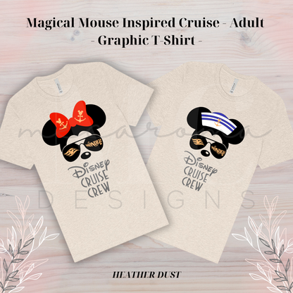 Heather dust toddler t-shirts featuring a Magical Mouse cruise design with sunglasses reading "Wonder," one shirt with a red bow and the other with a sailor hat, and the text "Disney Cruise Crew" below the graphic.