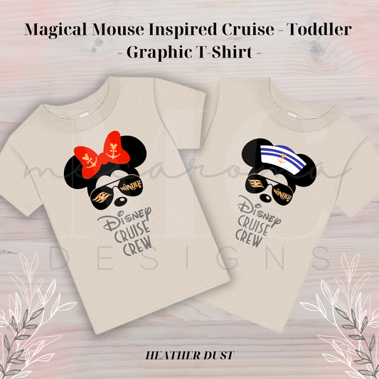 Heather dust toddler t-shirts featuring a Magical Mouse cruise design with sunglasses reading "Wonder," one shirt with a red bow and the other with a sailor hat, and the text "Disney Cruise Crew" below the graphic.