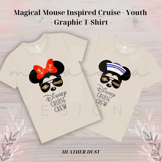 Heather dust youth t-shirts featuring a Magical Mouse cruise design with sunglasses reading "Wonder," one shirt with a red bow and the other with a sailor hat, and the text "Disney Cruise Crew" below the graphic.