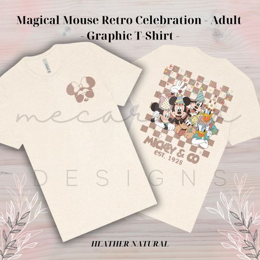 Heather natural adult t-shirt featuring a Magical Mouse retro celebration design with a minimalist mouse face graphic on the front, and Mickey and friends in party hats on a checkered background with the text "Mickey & Co Est. 1928," on the back. 