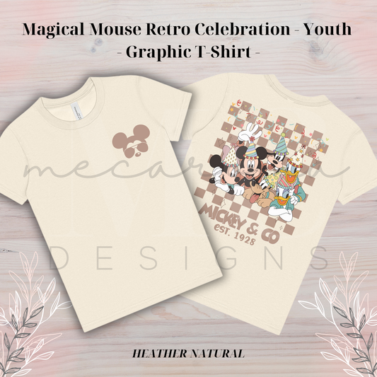 Heather natural youth t-shirt featuring a Magical Mouse retro celebration design with a minimalist mouse face graphic on the front, and Mickey and friends in party hats on a checkered background with the text "Mickey & Co Est. 1928," on the back. 