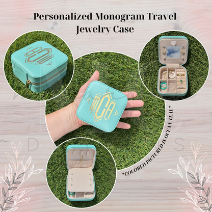 Personalized monogram travel jewelry case in ocean teal with gold initials, shown closed and open with various jewelry, and displayed on grass.
