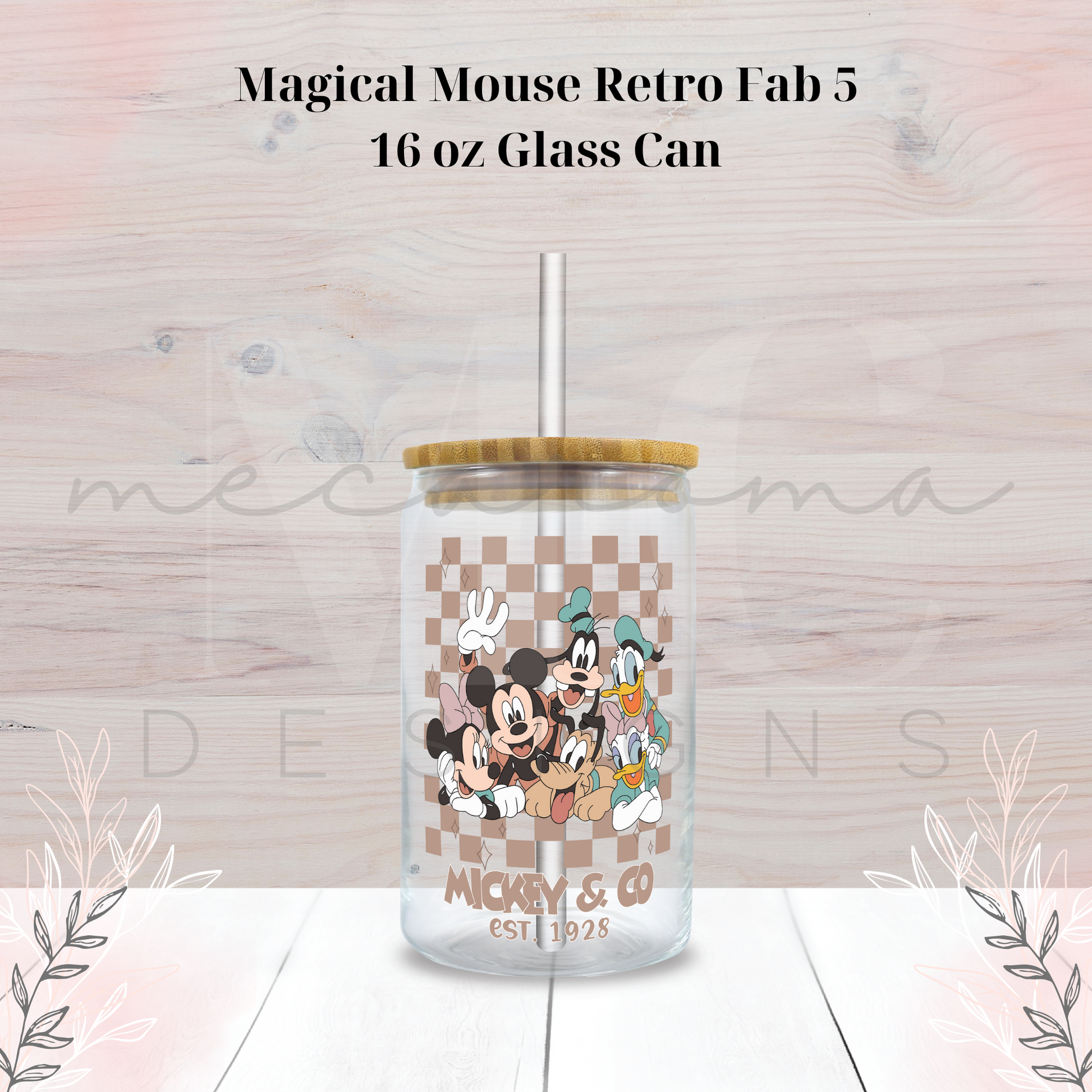 Magical Mouse Retro Fab 5 16 oz glass can featuring Mickey, Minnie, Goofy, Donald, and Pluto on a tan checkered background, with bamboo lid and straw, and "Mickey & Co Est. 1928" text.