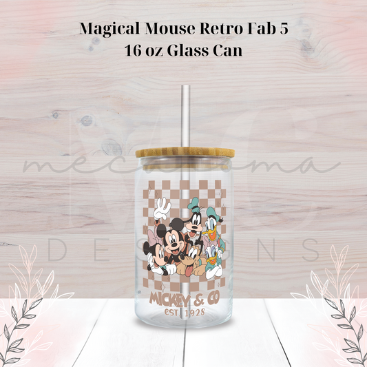 Magical Mouse Retro Fab 5 16 oz glass can featuring Mickey, Minnie, Goofy, Donald, and Pluto on a tan checkered background, with bamboo lid and straw, and "Mickey & Co Est. 1928" text.
